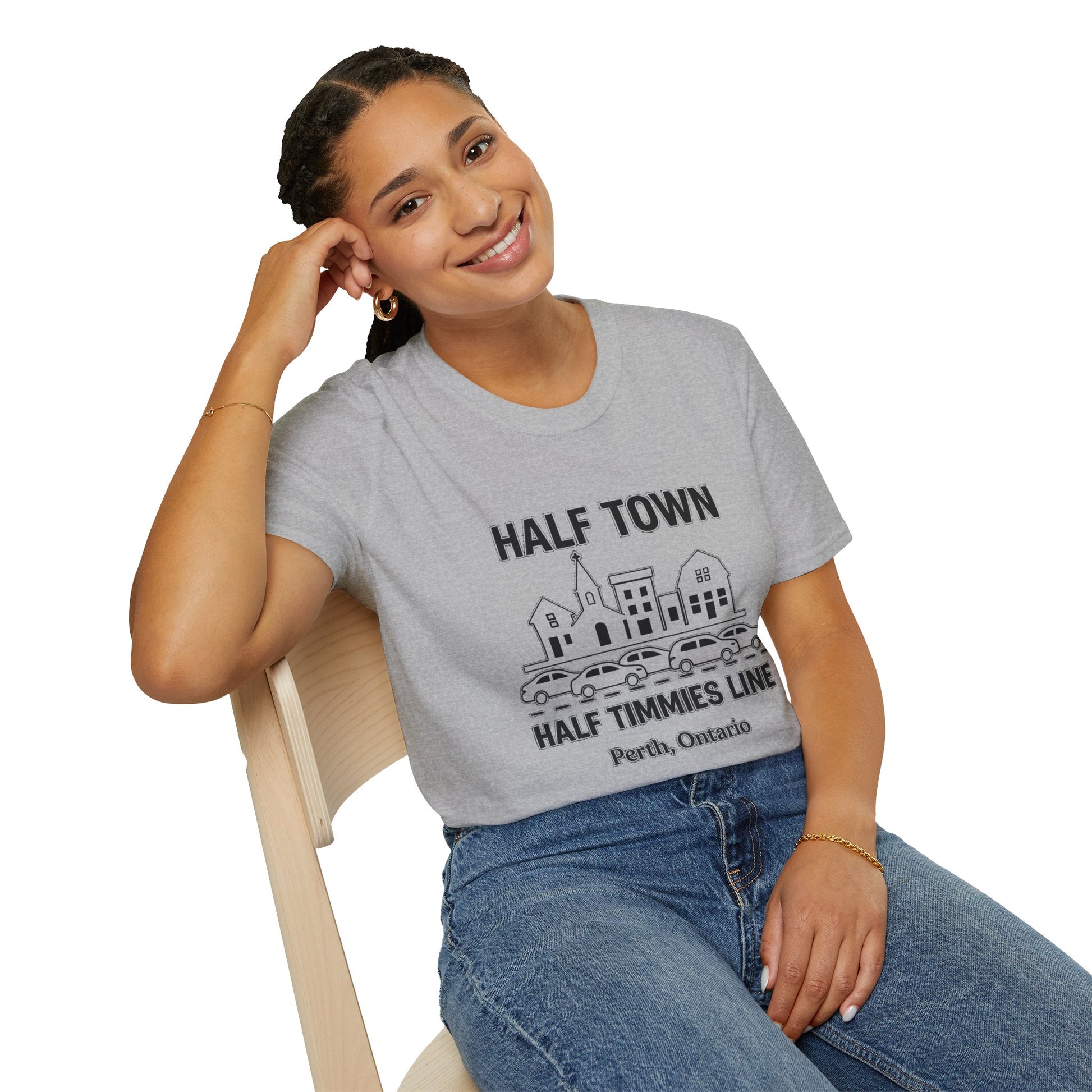 "HALF TOWN / HALF TIMMIES LINE PERTH ONTARIO" T-SHIRT