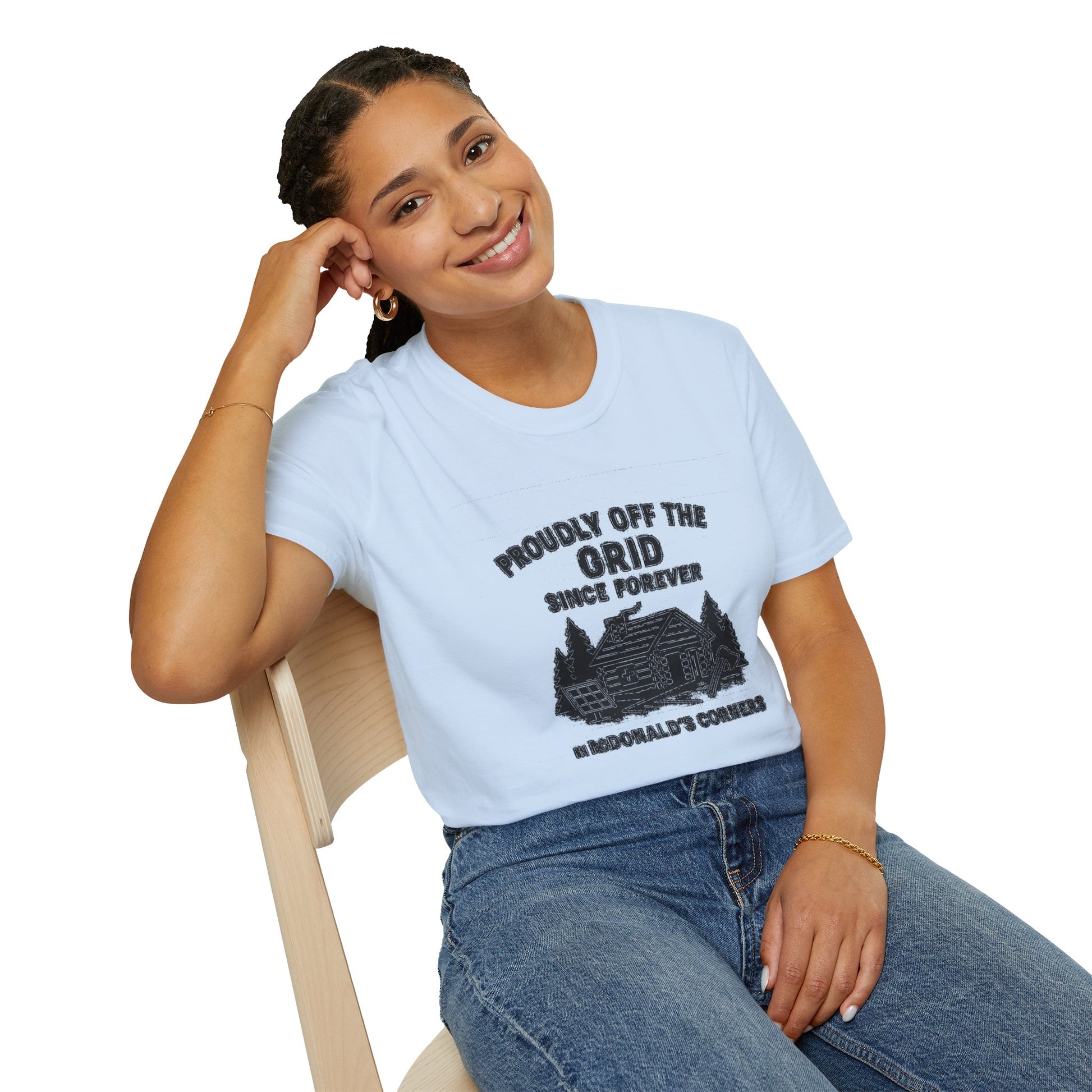 "PROUDLY OFF THE GRID SINCE FOREVER IN MACDONALD'S CORNERS" T-SHIRT