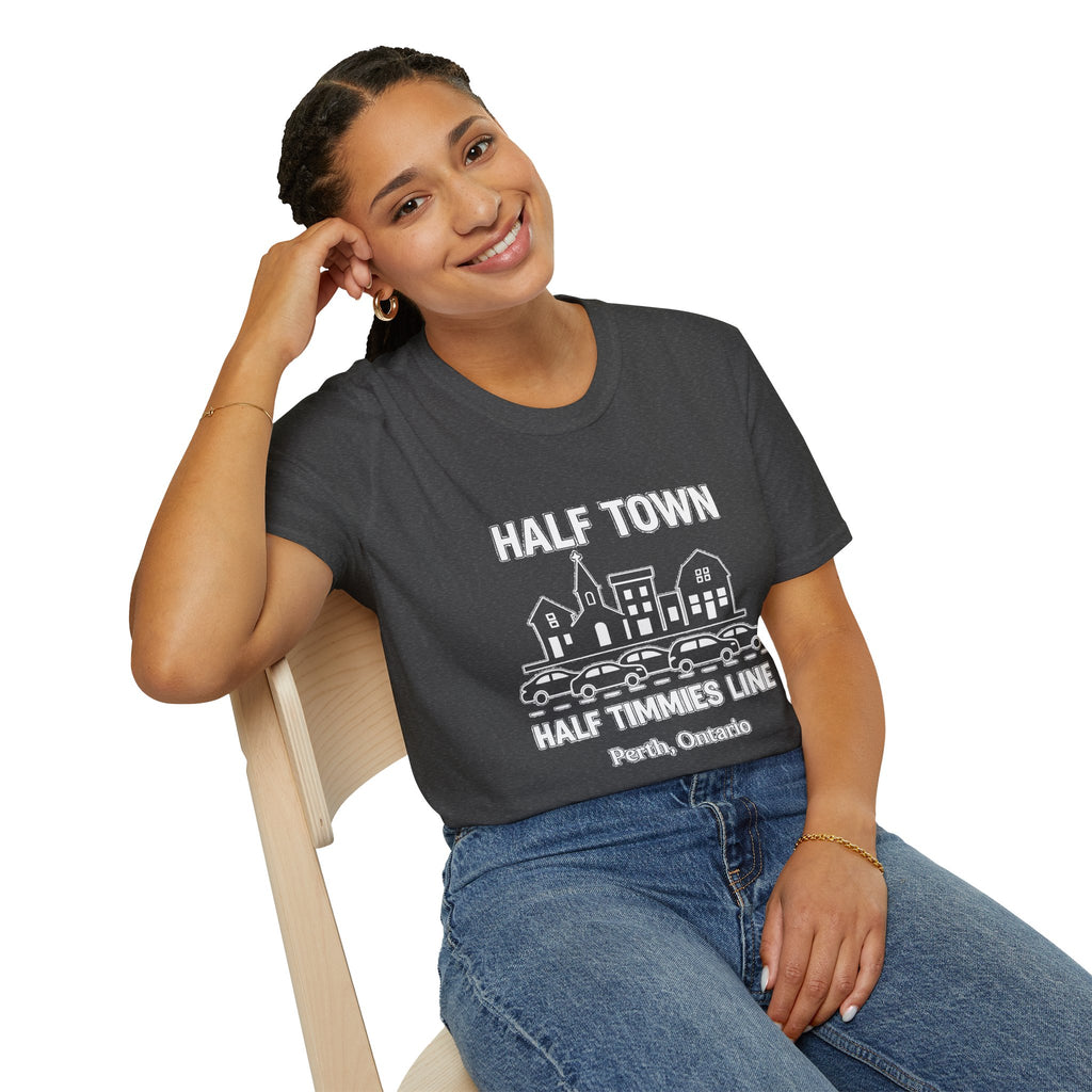 "HALF TOWN / HALF TIMMIES LINE PERTH ONTARIO" T-SHIRT
