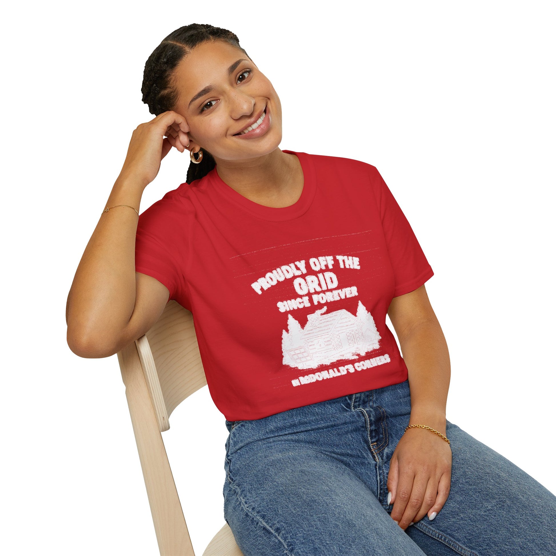 "PROUDLY OFF THE GRID SINCE FOREVER IN MACDONALD'S CORNERS" T-SHIRT