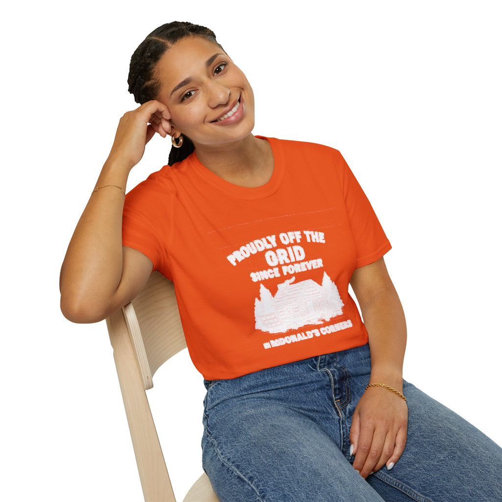 "PROUDLY OFF THE GRID SINCE FOREVER IN MACDONALD'S CORNERS" T-SHIRT