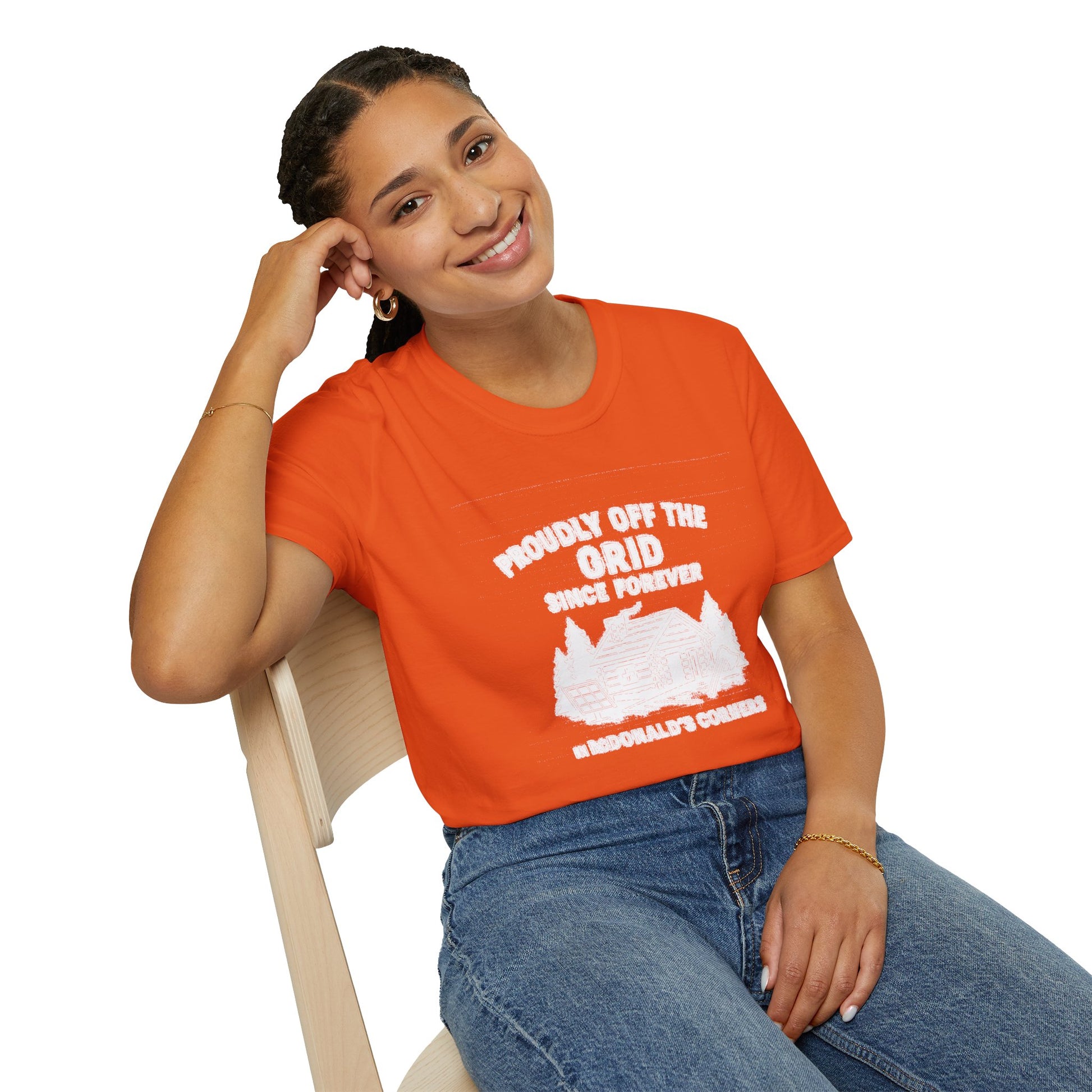 "PROUDLY OFF THE GRID SINCE FOREVER IN MACDONALD'S CORNERS" T-SHIRT