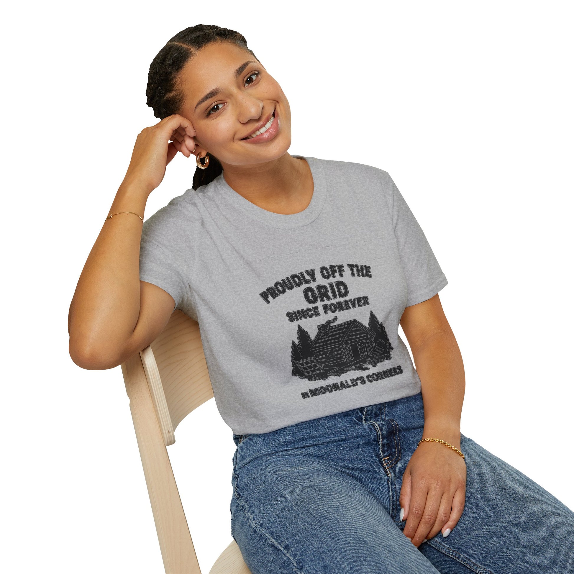 "PROUDLY OFF THE GRID SINCE FOREVER IN MACDONALD'S CORNERS" T-SHIRT