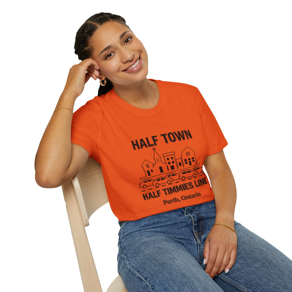 "HALF TOWN / HALF TIMMIES LINE PERTH ONTARIO" T-SHIRT
