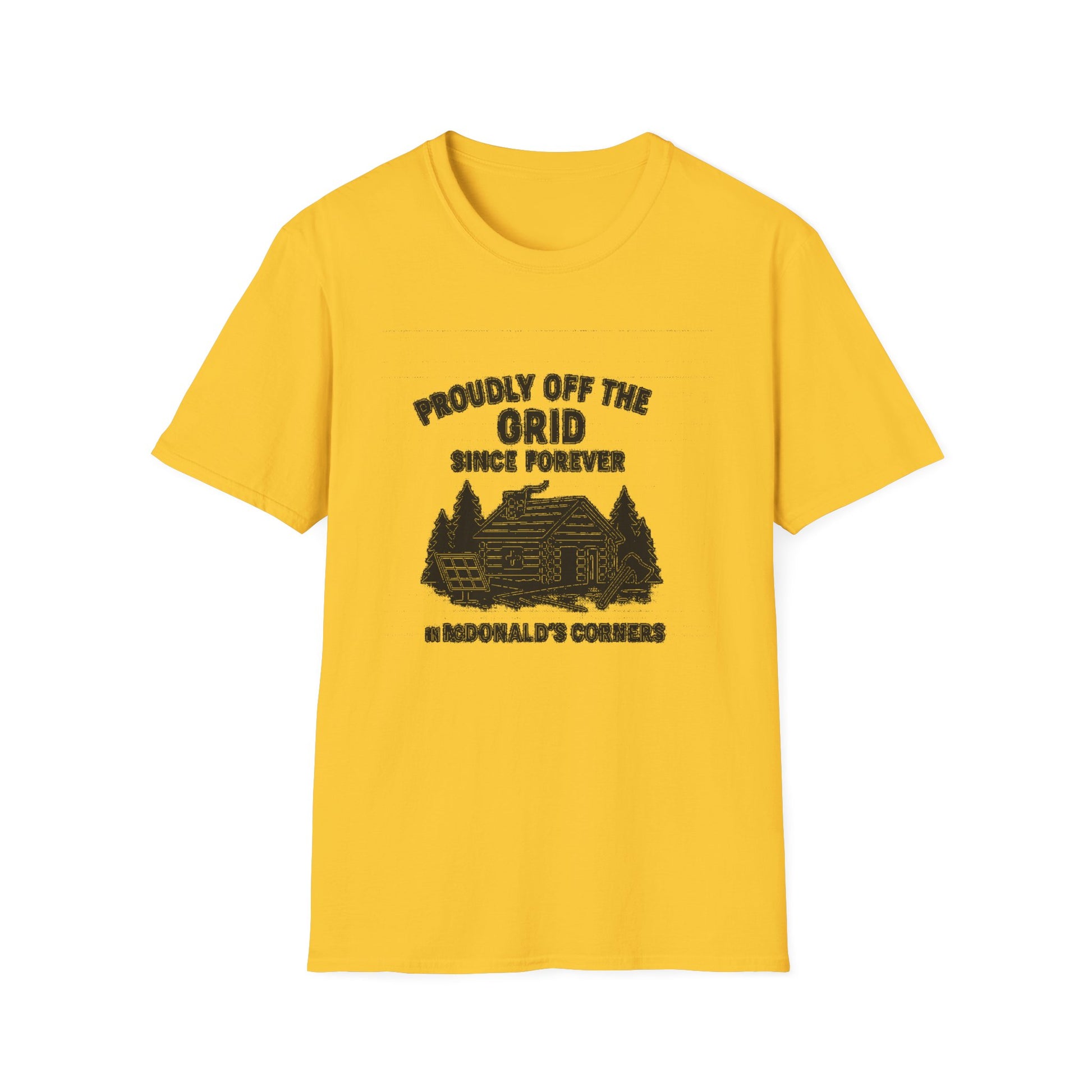 "PROUDLY OFF THE GRID SINCE FOREVER IN MACDONALD'S CORNERS" T-SHIRT