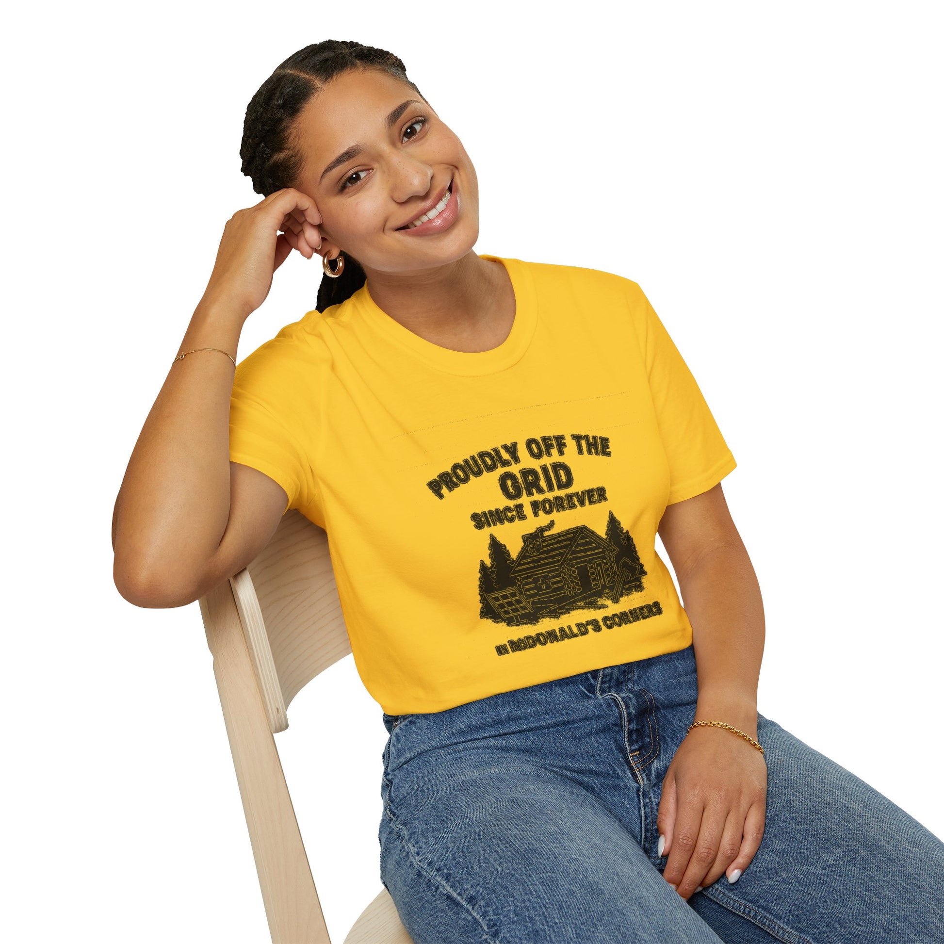 "PROUDLY OFF THE GRID SINCE FOREVER IN MACDONALD'S CORNERS" T-SHIRT