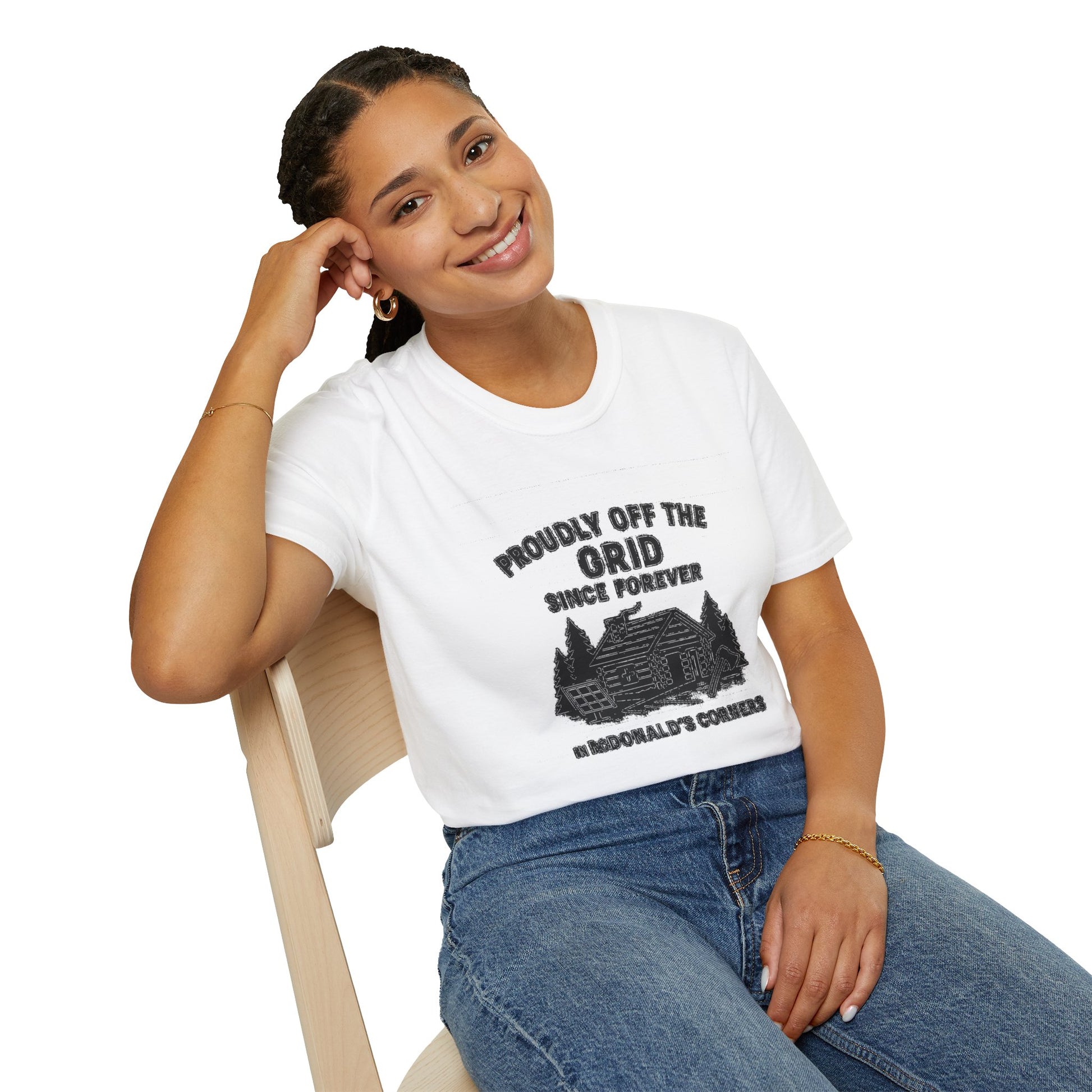 "PROUDLY OFF THE GRID SINCE FOREVER IN MACDONALD'S CORNERS" T-SHIRT