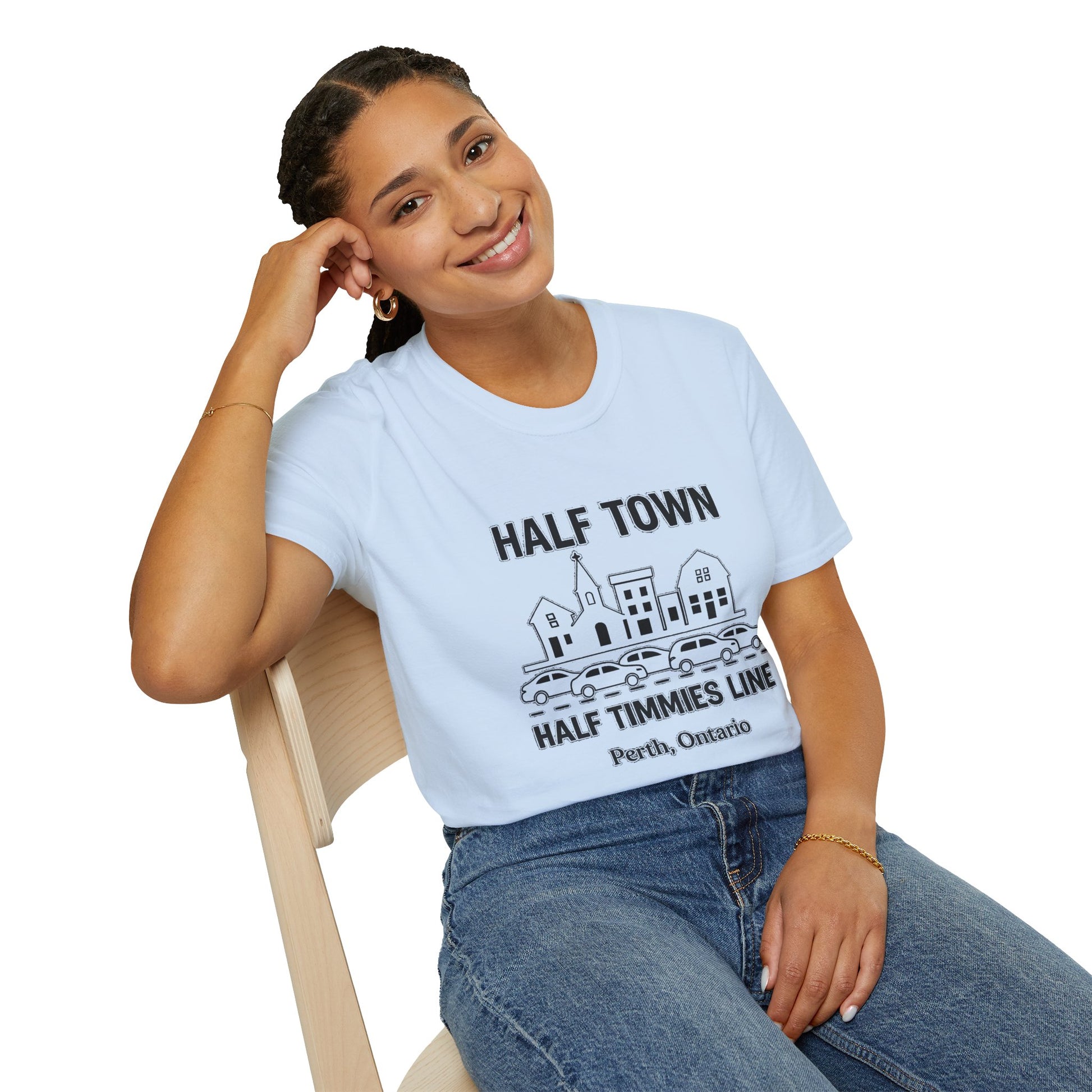 "HALF TOWN / HALF TIMMIES LINE PERTH ONTARIO" T-SHIRT