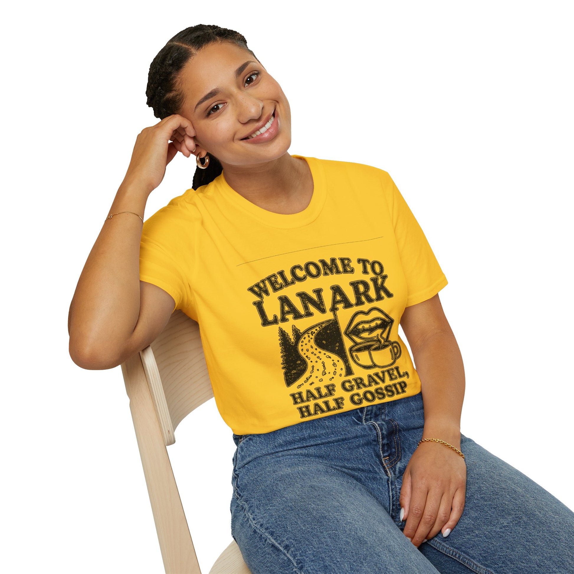 "WELCOME TO LANARK HALF GRAVEL, HALF GOSSIP" T-SHIRT