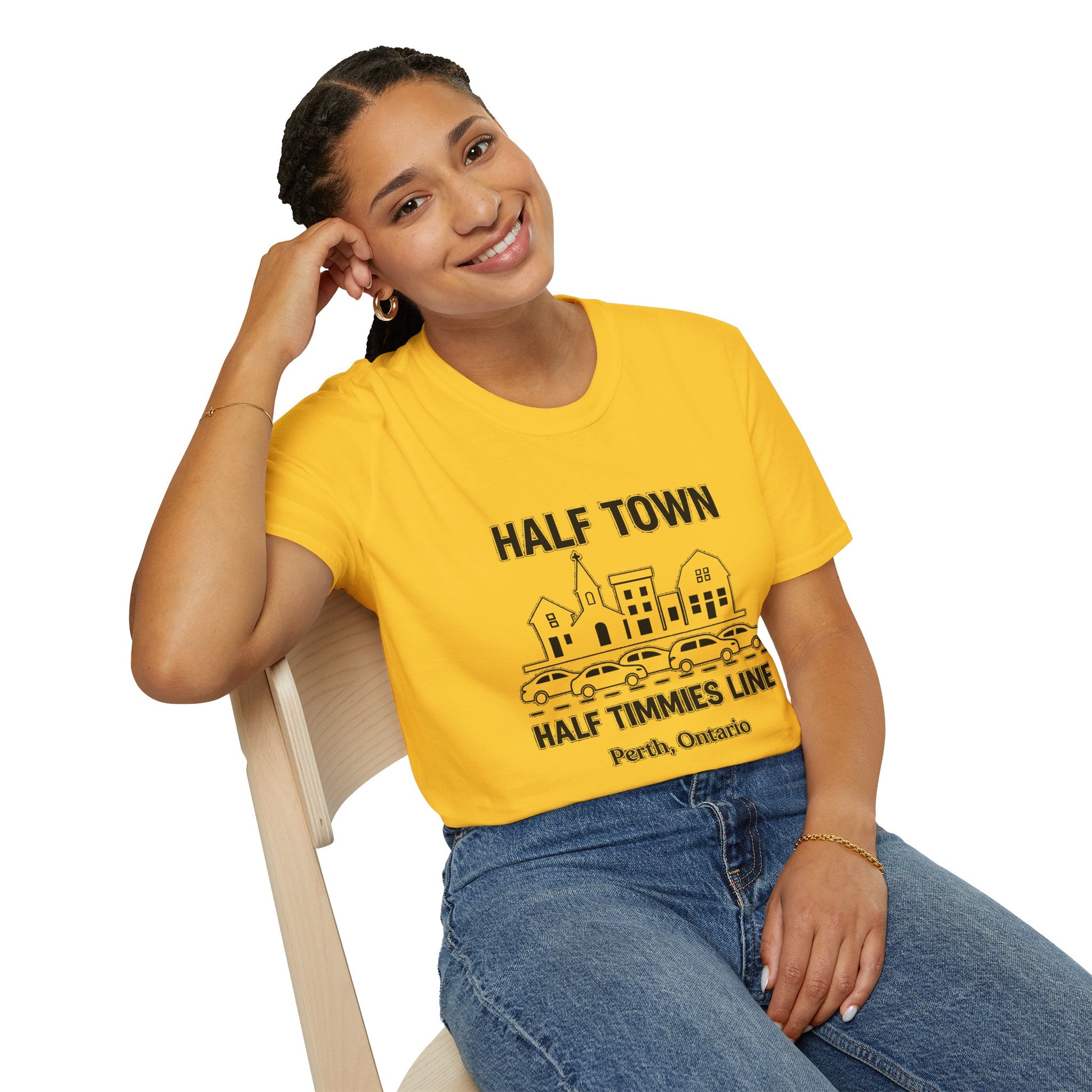 "HALF TOWN / HALF TIMMIES LINE PERTH ONTARIO" T-SHIRT