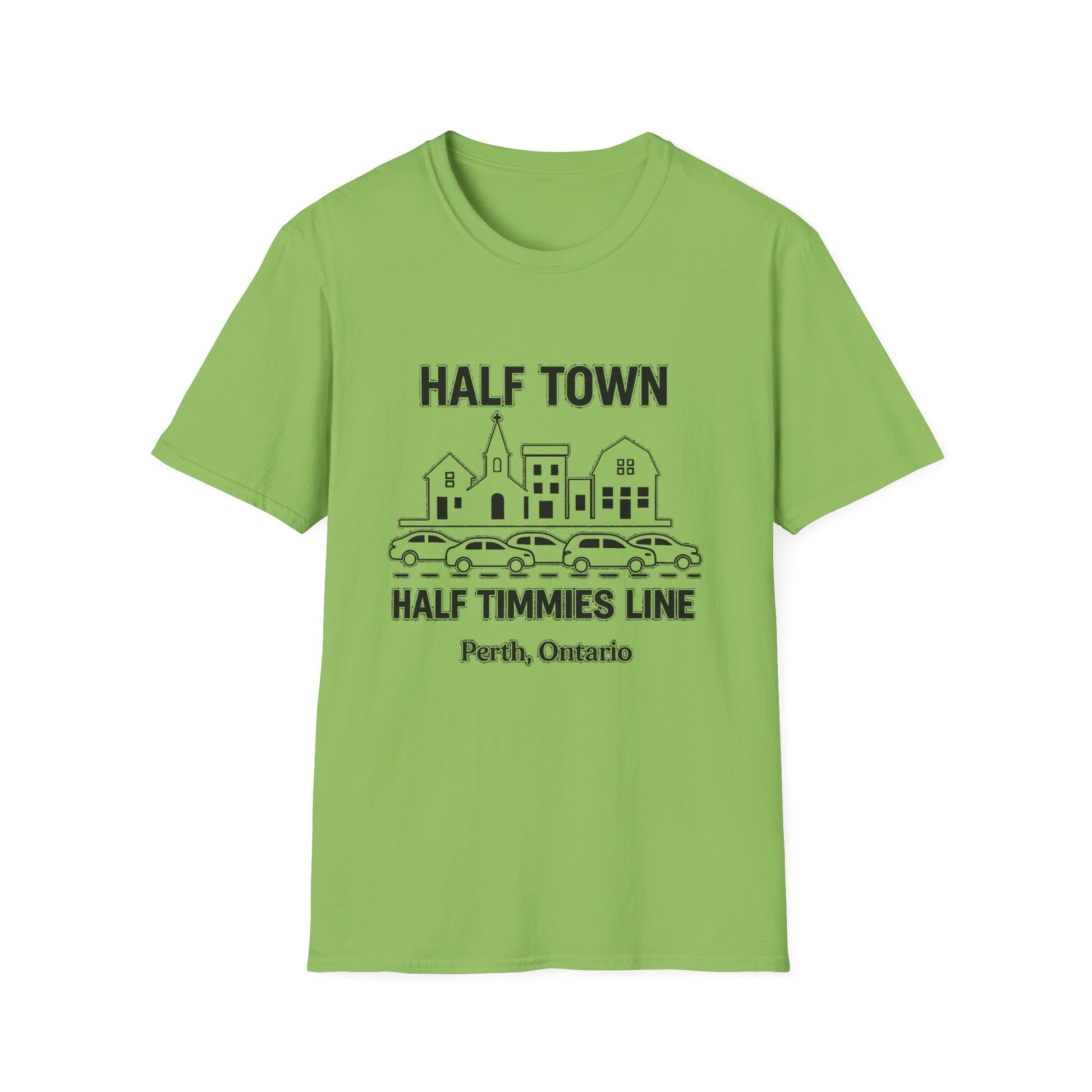 "HALF TOWN / HALF TIMMIES LINE PERTH ONTARIO" T-SHIRT